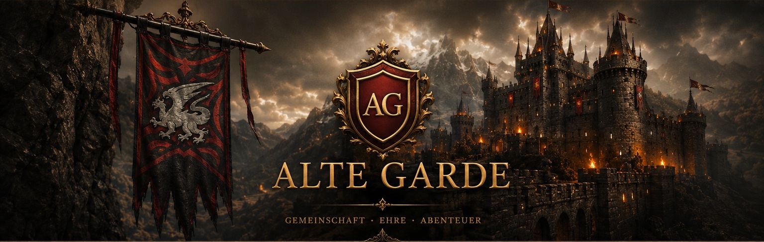 Burg der Alten Garde mit Wappen und Greifbanner.
